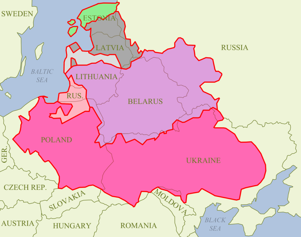 Kaartje van het historische Pools-Litouwse Gemenebest (donkerroze en paarse gebied) zoals het was in 1619, getekend op de actuele landsgrenzen (kaartje: Wikipedia).