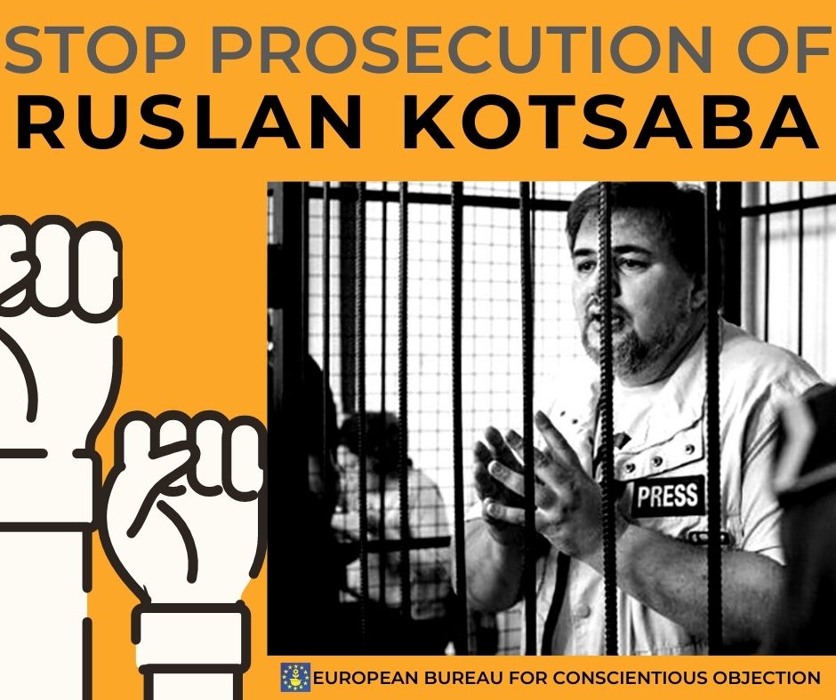 Affiche EBCO-actie voor vrijlating Oekraïense pacifist Ruslan Kotsaba (beeld: EBCO Brussel)