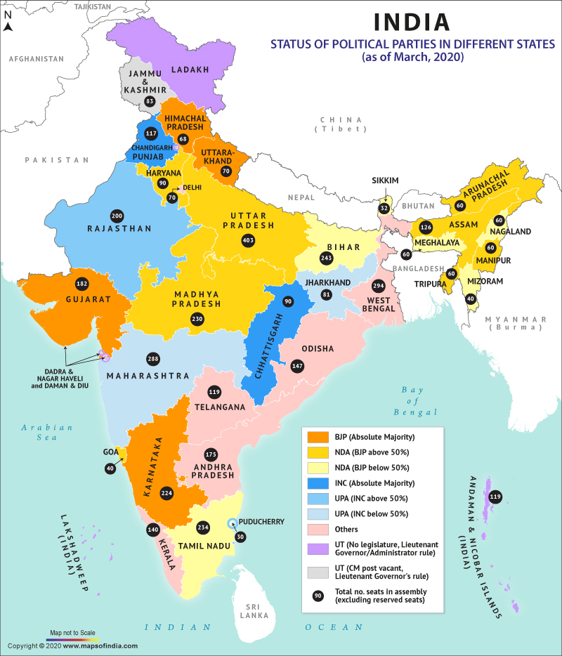 kaart de toestand in India van de grootste politieke partijen per deelstaat in maart 2020