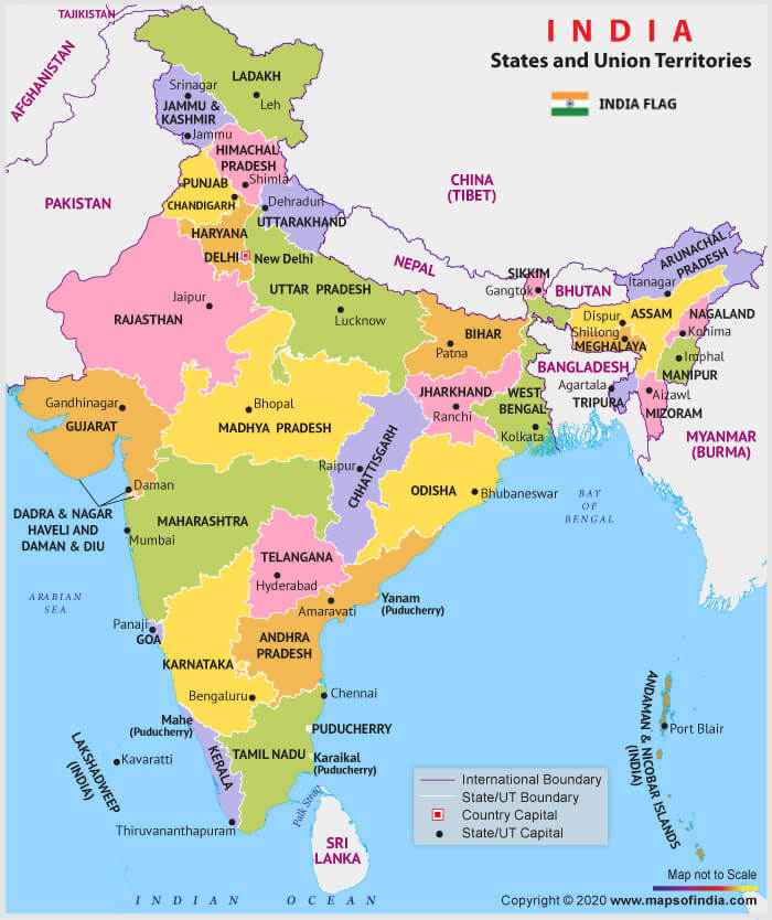 Kaart van India met aanduiding van de diverse deelstaten 