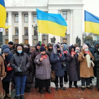 Een betoging, begin februari 2022, tegen een mogelijke oorlog in de Oekraïense hoofdstad Kiev.