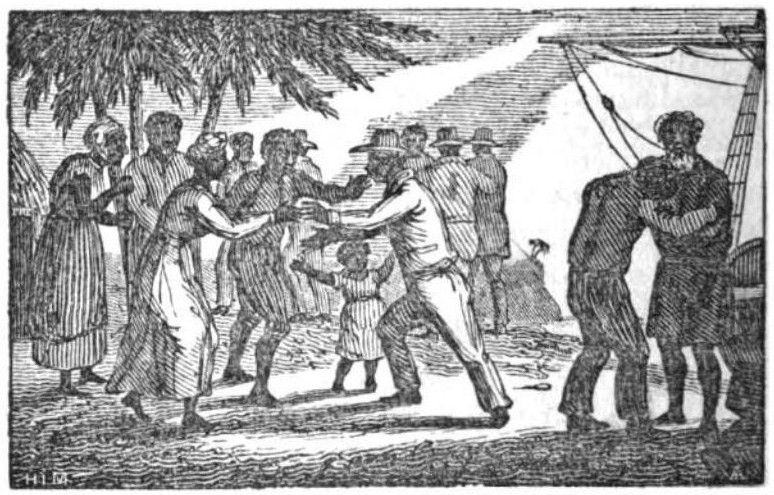 prent uit 1835 toont de aankomst van vrijgelaten slaven in de haven van Freetown