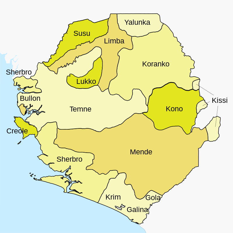 kaartje: belangrijkste etnische groepen en gesproken talen in Sierra Leone