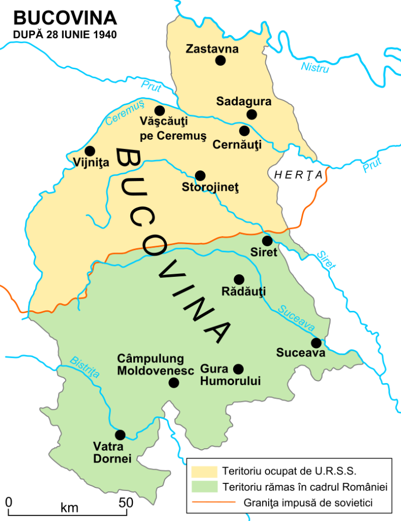 De verdeling van Boekovina van 28 juni 1940 tussen de Sovjet-Unie (geel, nu dus deel van Oekraïne) en Roemenië (groen)