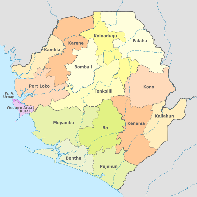 Kaartje met de districten van Sierra Leone
