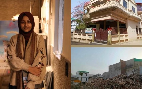 Afreen Fatima en haar vernielde huis in de stad Prayagraj