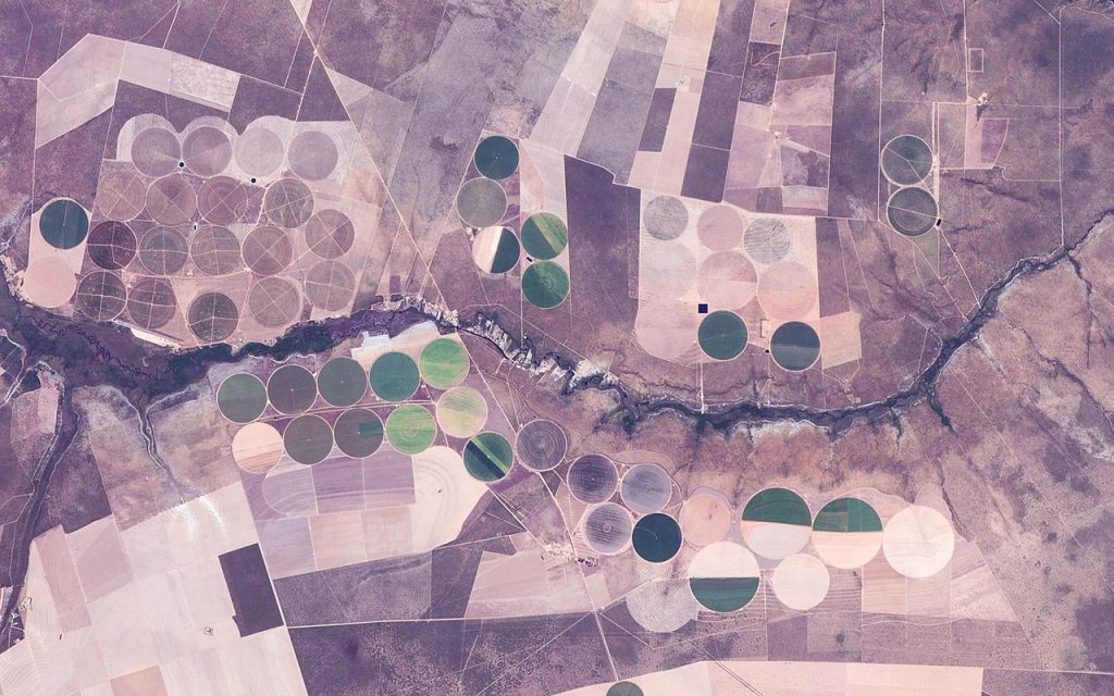 Een satellietbeeld van diverse grootschalige sojaplantages aan de Rio Grande op het grondgebied van Barreiras