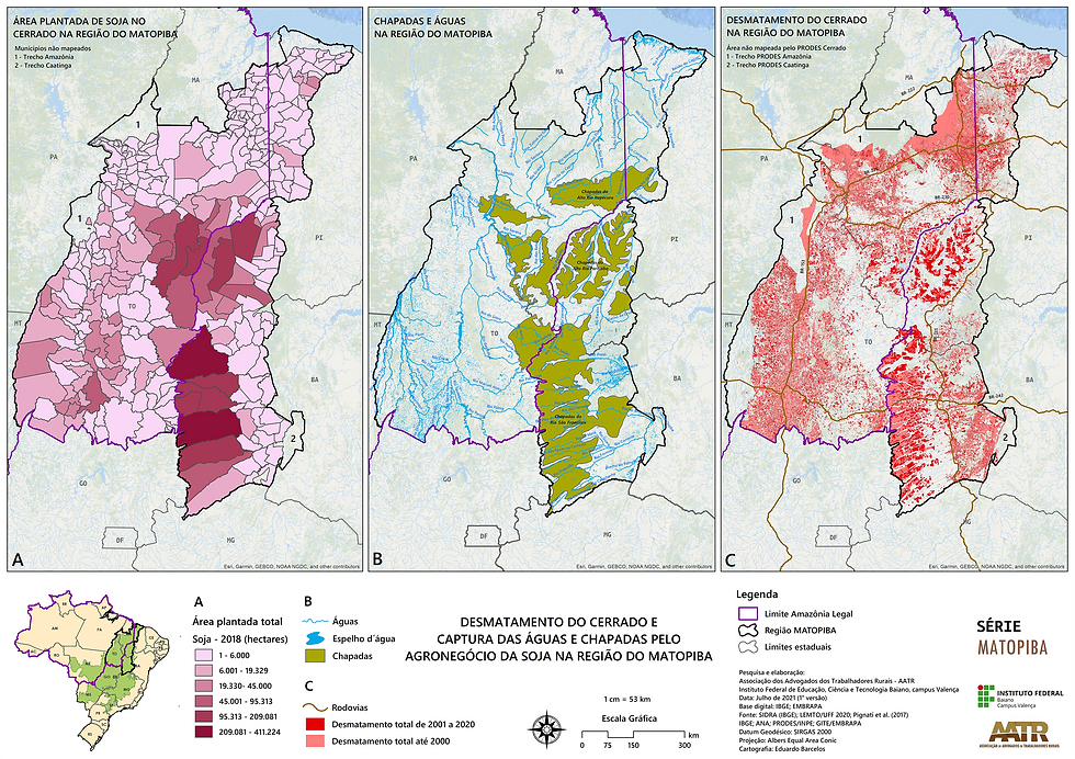 [kaartje] Verband tussen ontbossing en grilagem van gronden in de Cerrado in de deelstaten Maranhão, Tocantins, Piauí, Bahia en het waterverbruik door de industriële landbouw 
