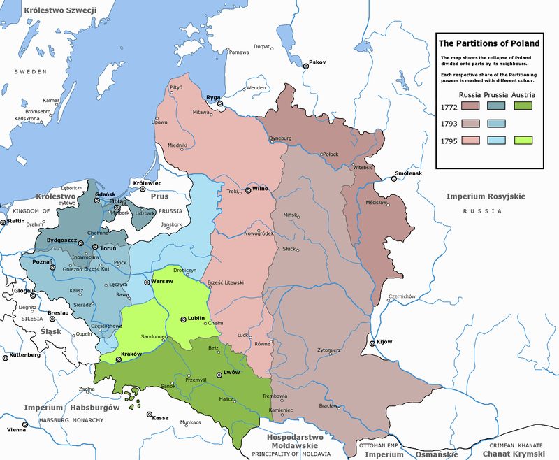 De opdeling van Polen-Litouwen in 1772, 1793 en 1795. De drie machtige buurlanden (Pruisen, Oostenrijk en Rusland) pikten telkens een deel van het grondgebied in. Op 3 januari 1795 hield het land op te bestaan.