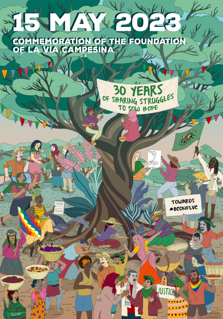 Affiche van de viering van 30 jaar boerenstrijd in Via Campesina (1993-2023) (bron: Via Campesina).