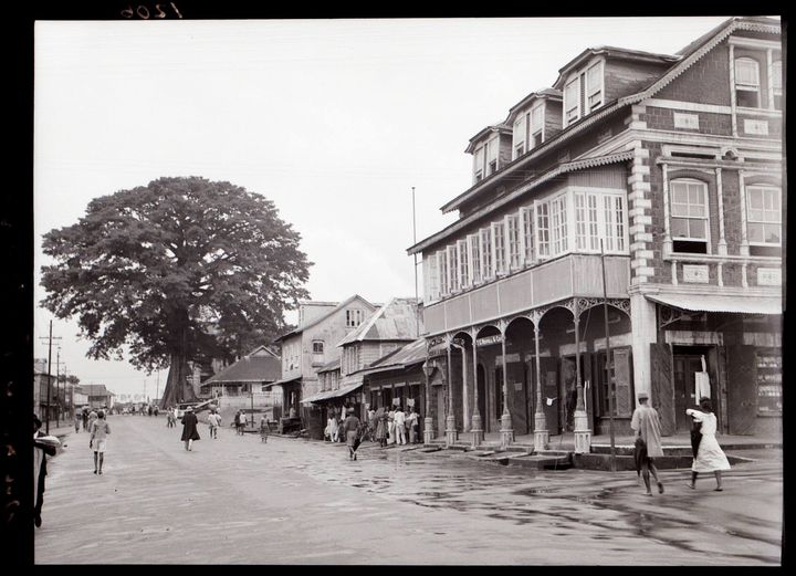 Een beeld uit koloniaal Freetown waarop de beroemde kapokboom te zien is (foto: Facebookgroep ‘Old photos of Sierra Leone’).