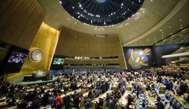 Een plenaire sessie van de Algemene Vergadering van de Verenigde Naties in New York (foto: UN Photo/Manuel Elias).